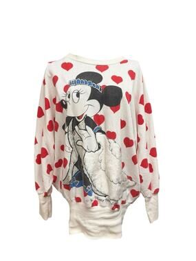 Vintage Minnie Mouse Heart Pattern Pullover - Red & White Medium
